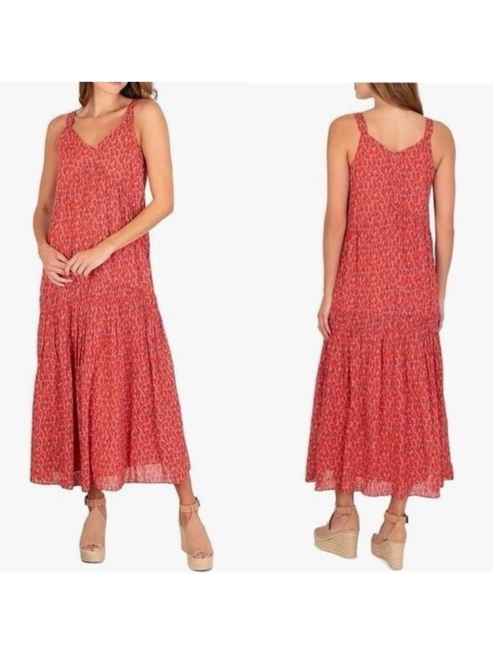 Joie Bondi maxi dress features a vibrant red and pink floral print